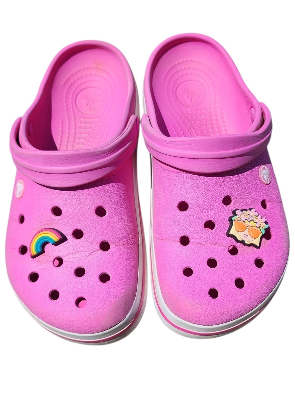 CROCS WOMENS Pink Shoe Sandal Slip-On Size 9 Rainbow Charms Jibbitz Pride Unisex